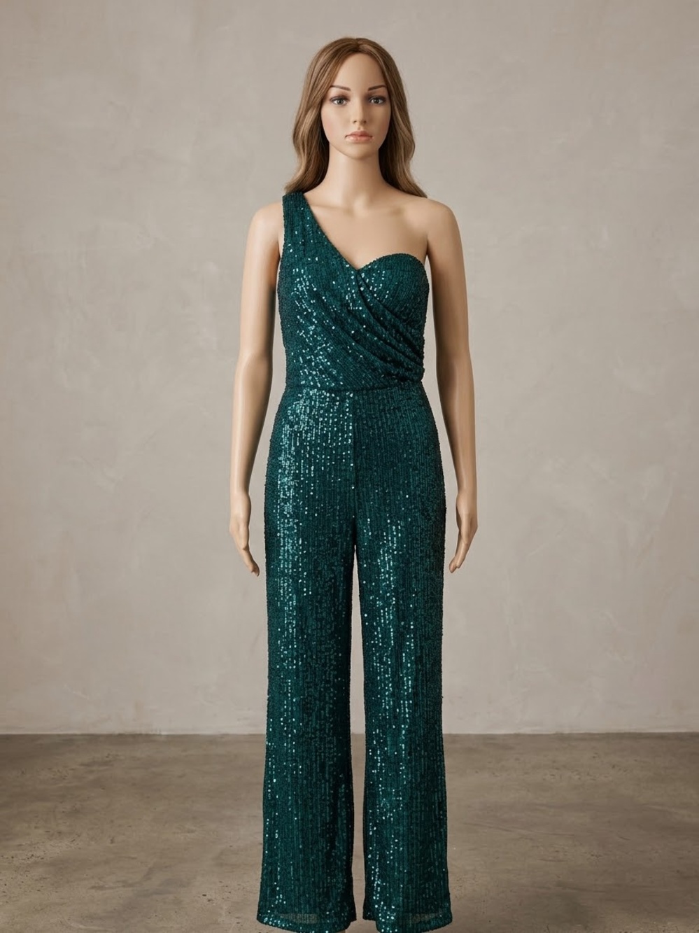 One-Shoulder Emerald Sequin Jumpsuit
